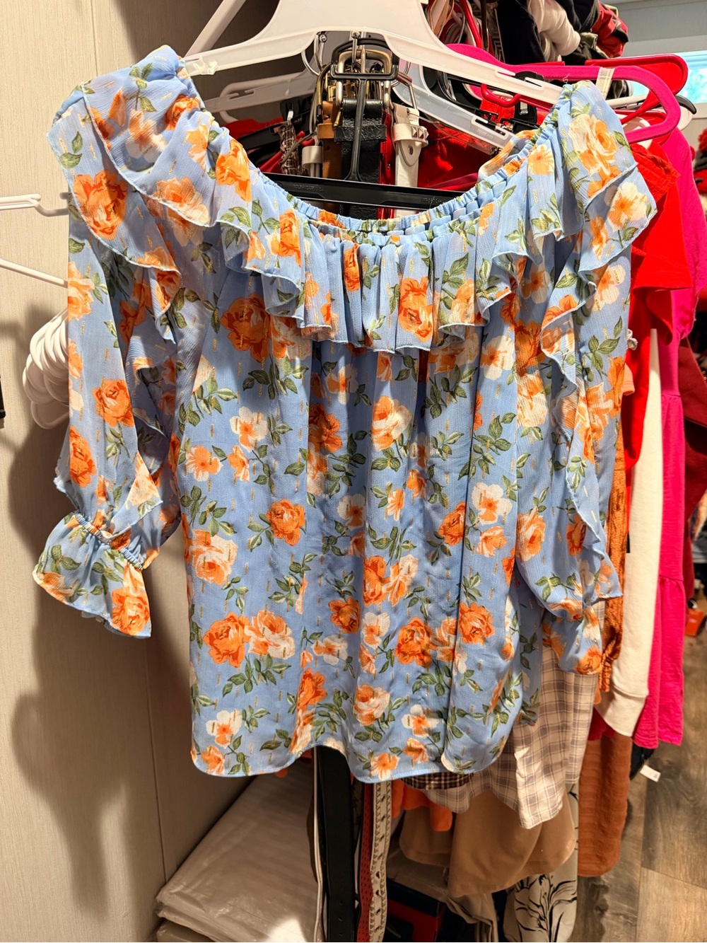Cato Blue Floral Ruffle Off-Shoulder Top with Orange Roses